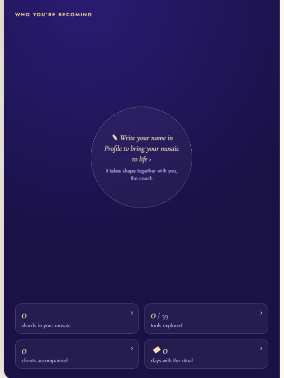 v217 opened on the identical empty profile: nothing is drawn. A dotted circle invites you to write your name in Profile so the mosaic can take shape, and the counter underneath reads zero shards in your mosaic.