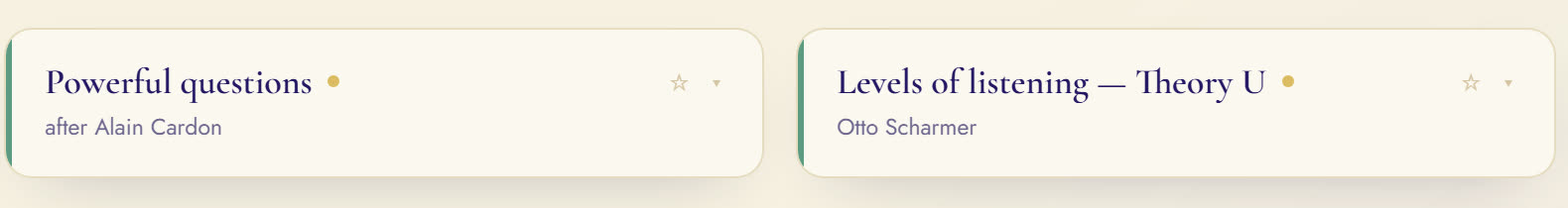 Detail: two tool cards crediting their sources: after Alain Cardon, and Otto Scharmer.
