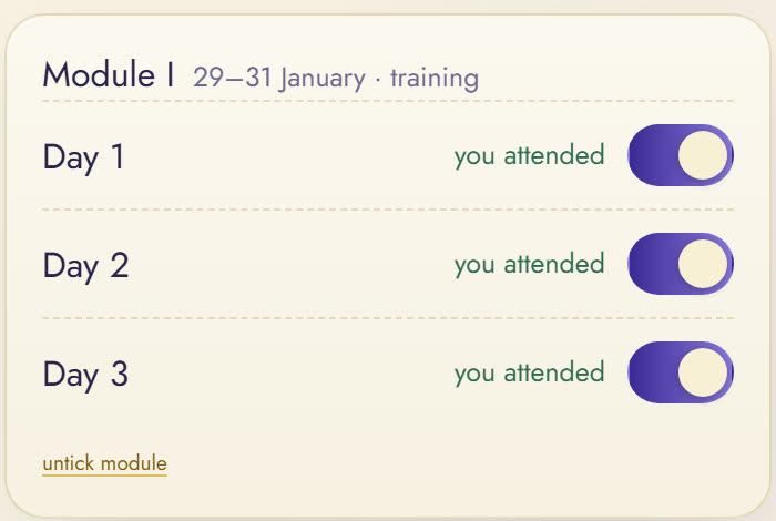 Detail: Module I with dates 29–31 January and three day toggles, each reading you attended.