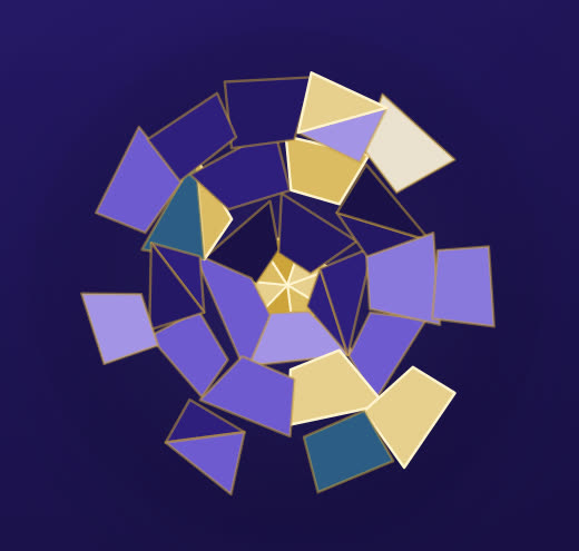Close-up of the shipped mosaic: irregular ceramic shards in violet, gold, cream and deep teal, edged in gold, around a golden heart.