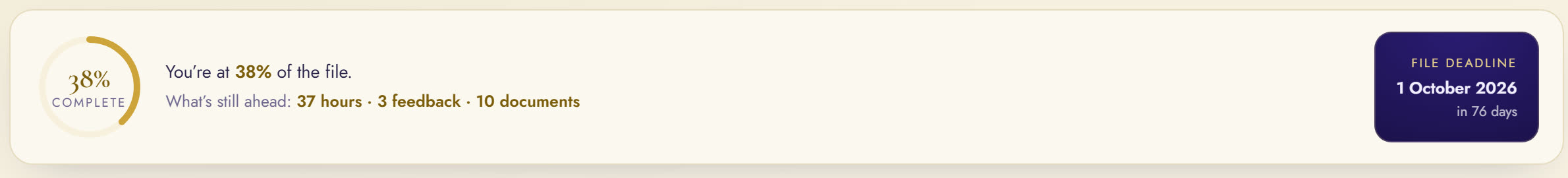 Detail, actual size: the summary band reading You’re at 38% of the file, with the File deadline chip on the right.