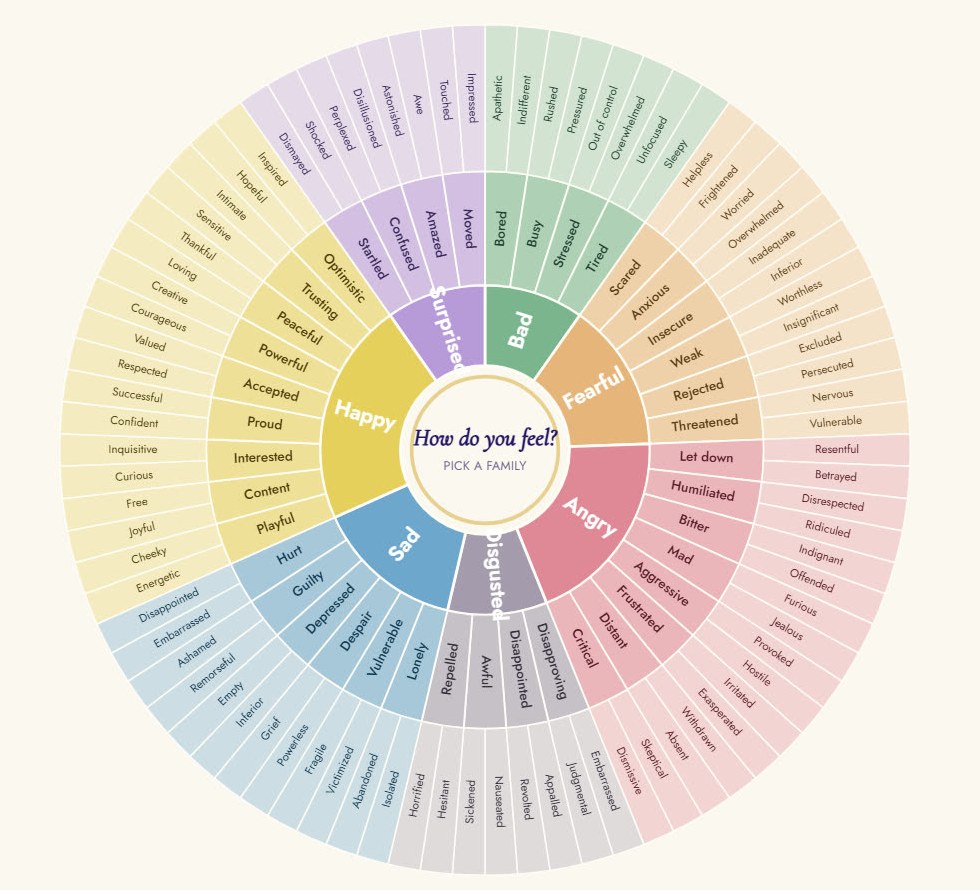 The emotion wheel at readable size: an inner ring of seven families, Happy, Surprised, Bad, Fearful, Angry, Disgusted and Sad, opening outward through two further rings into about eighty precise words, with the question How do you feel? at the centre.