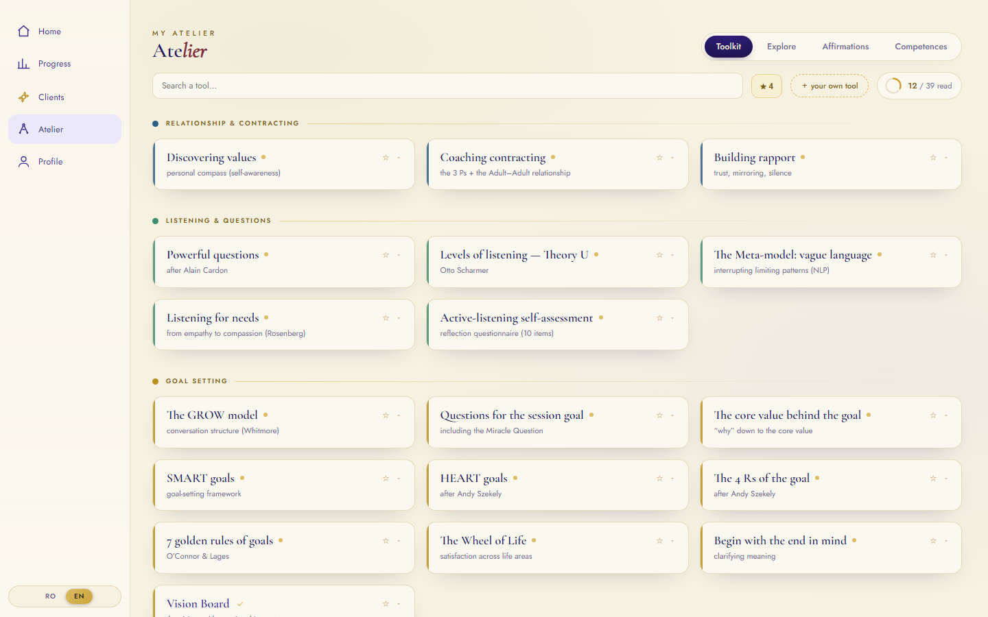 Atelier: 39 coaching tools grouped by process phase, with search, favorites and a read counter.