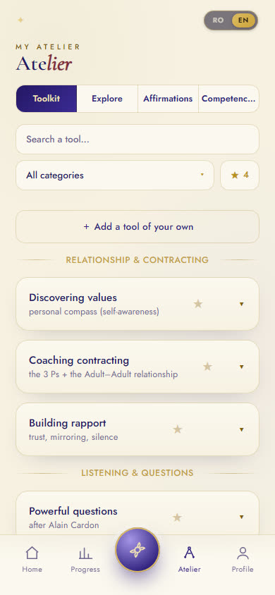 The Atelier on mobile: search, category filter, favorites, and the same credited tool cards.