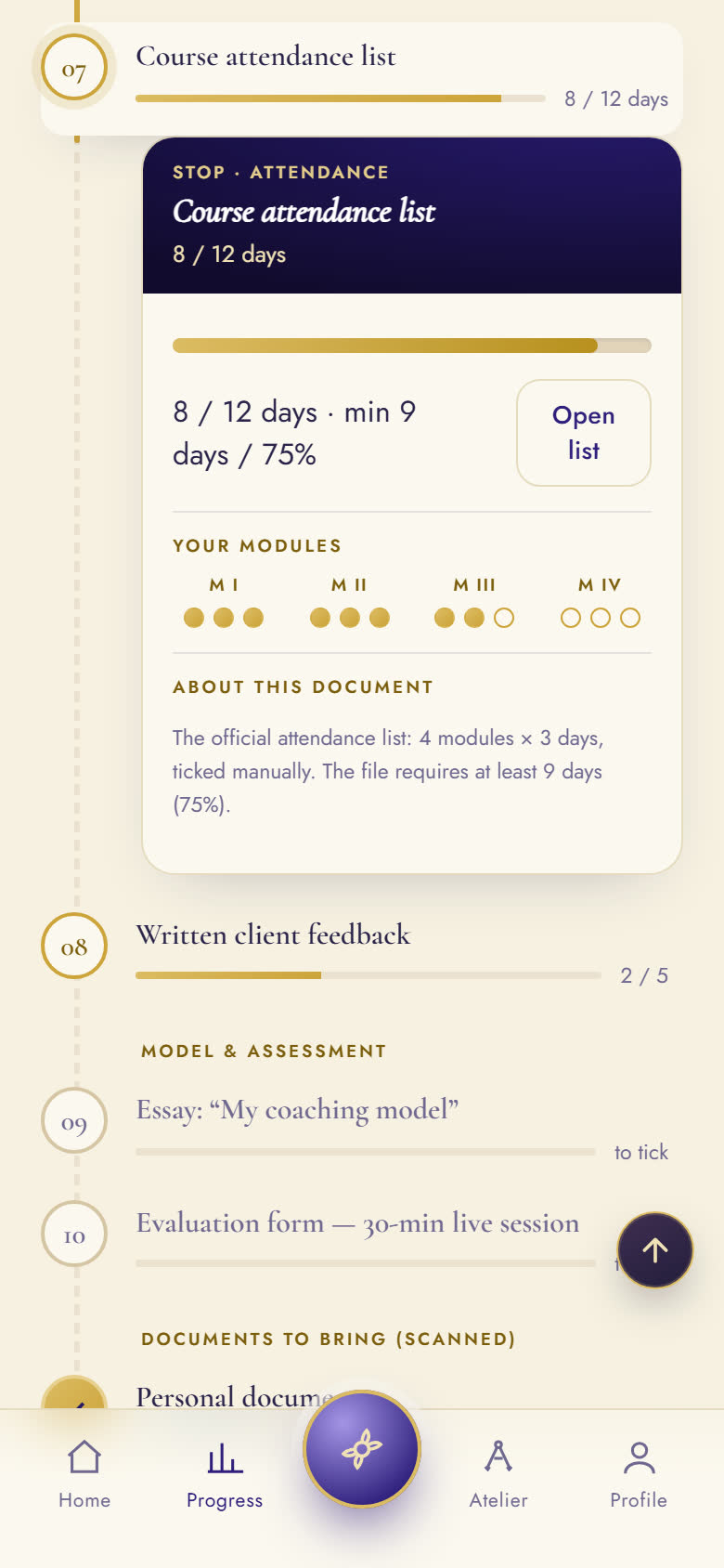 Mobile attendance stop: 8 of 12 days, module dots, and an Open list button, ticked by hand.