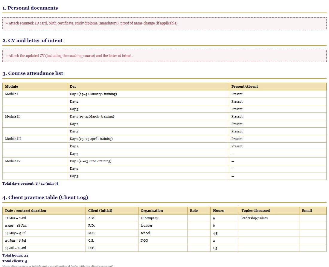 The exported File document: the official numbered order: personal documents, CV, the course attendance list as a table, and the Client Log with initials, hours and topics.