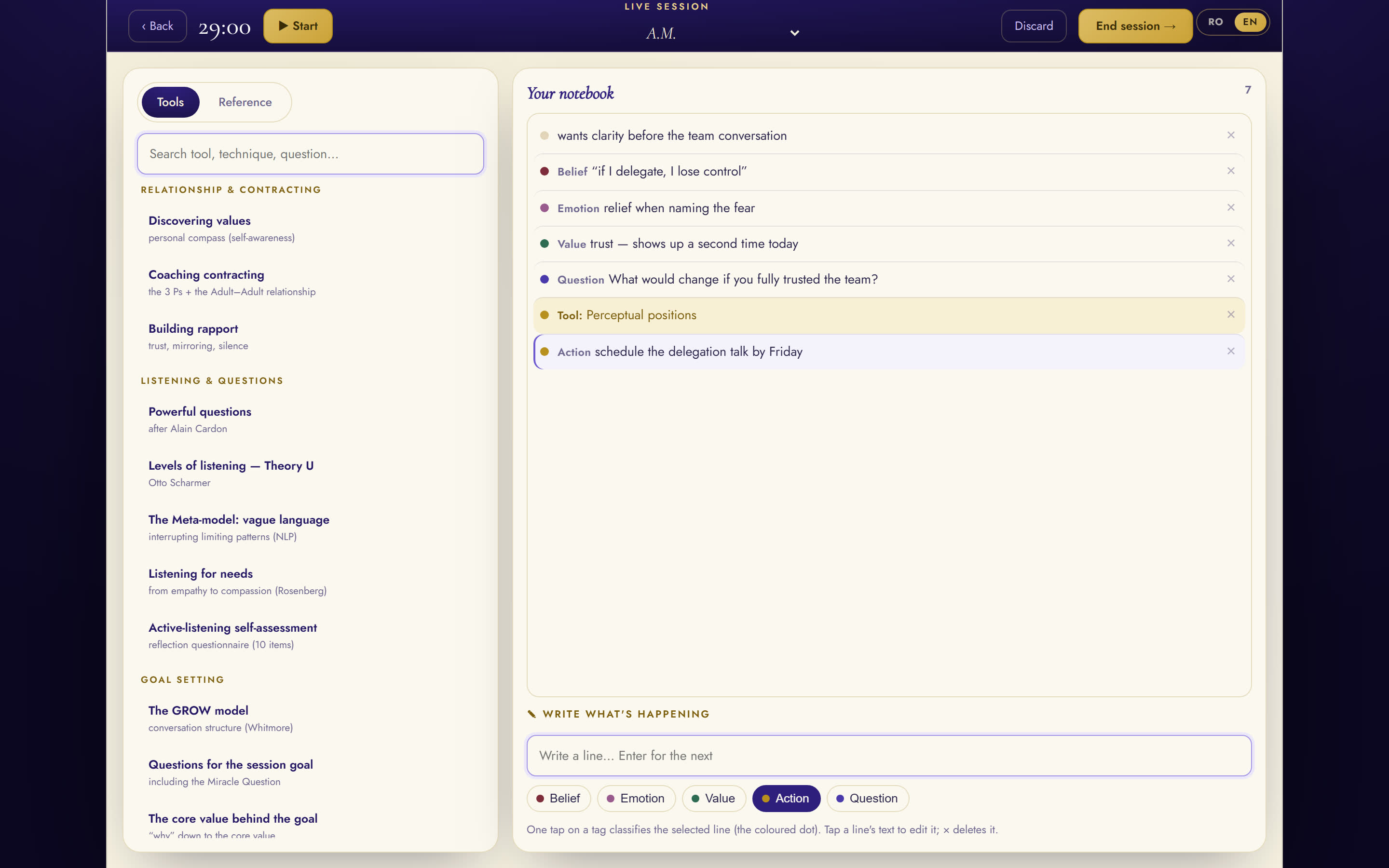 Live session cockpit: a timer, the client, a searchable tool list, and a notebook of lines classified as belief, emotion, value, question, tool and action.