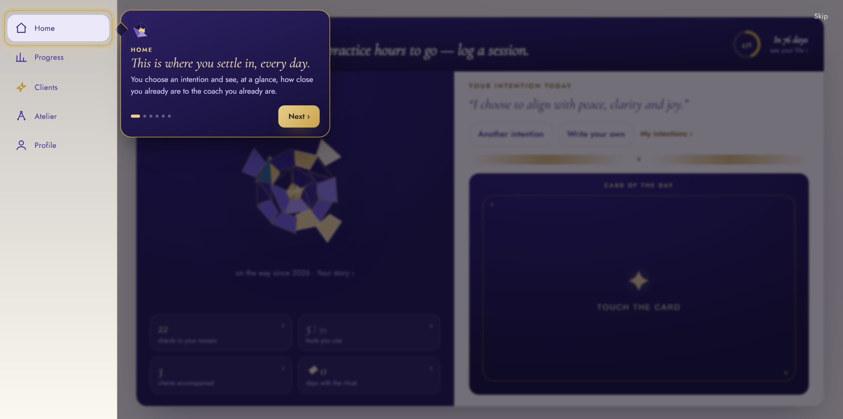 The welcome tour on a first launch: a warm six-step overlay above the Home screen, which previews a grown coach’s demo state.