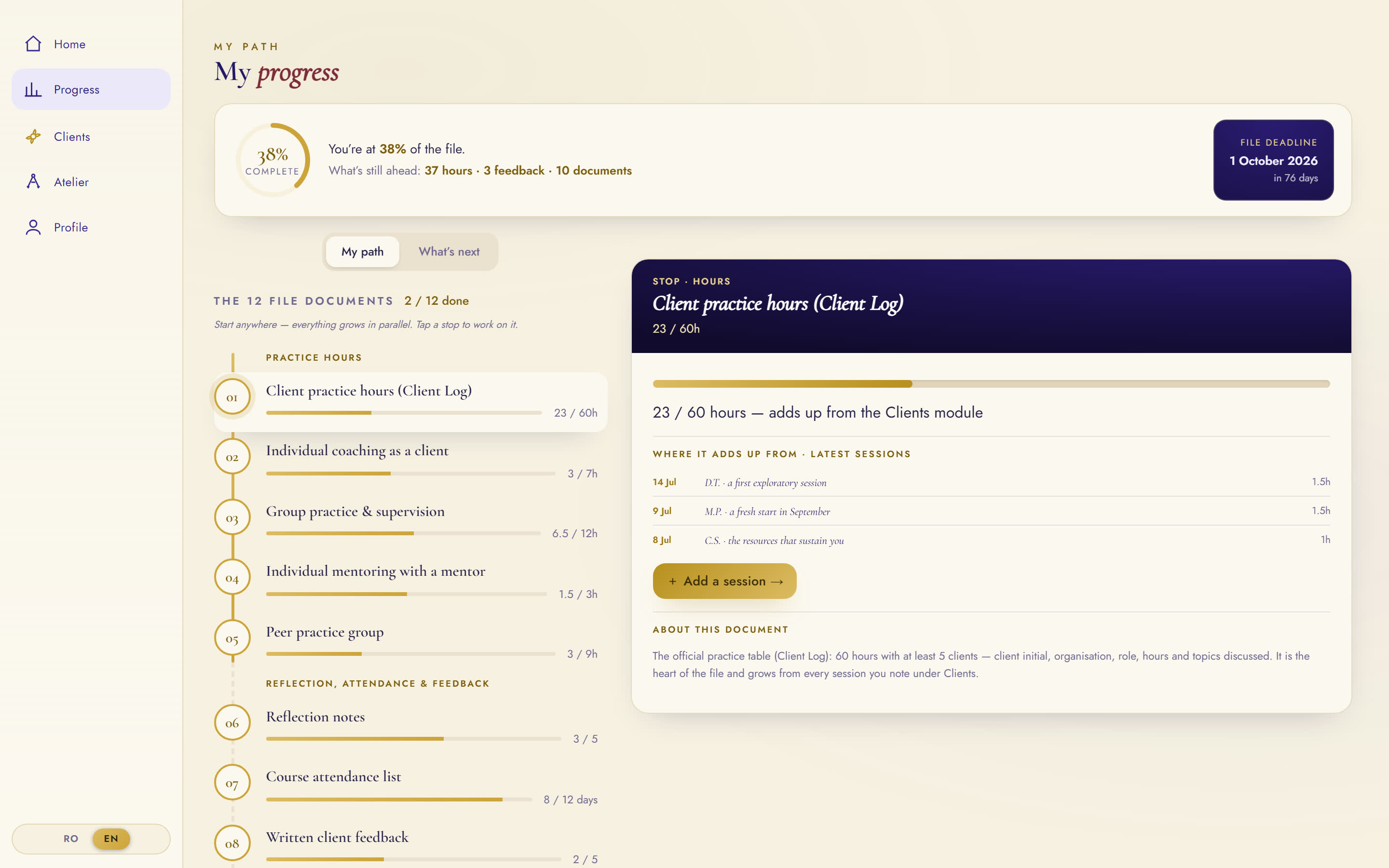 Progress screen: the 12 File documents as a vertical road with per-document progress, a 38% summary ring, and a visible 1 October deadline.