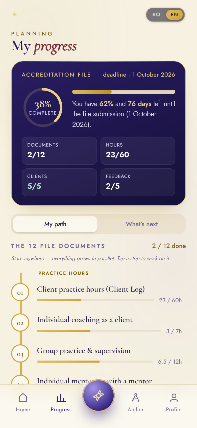 Mobile Progress: the File card with a completion ring, counters, and the visible deadline.