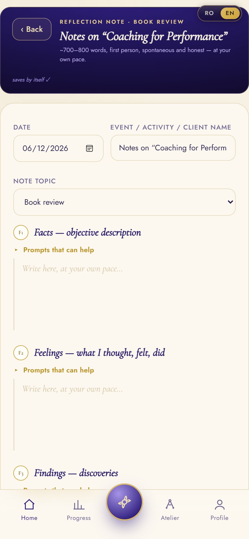 The reflection room on mobile: an indigo header with the note's title, then the four F chapters with prompts folded and space to write.