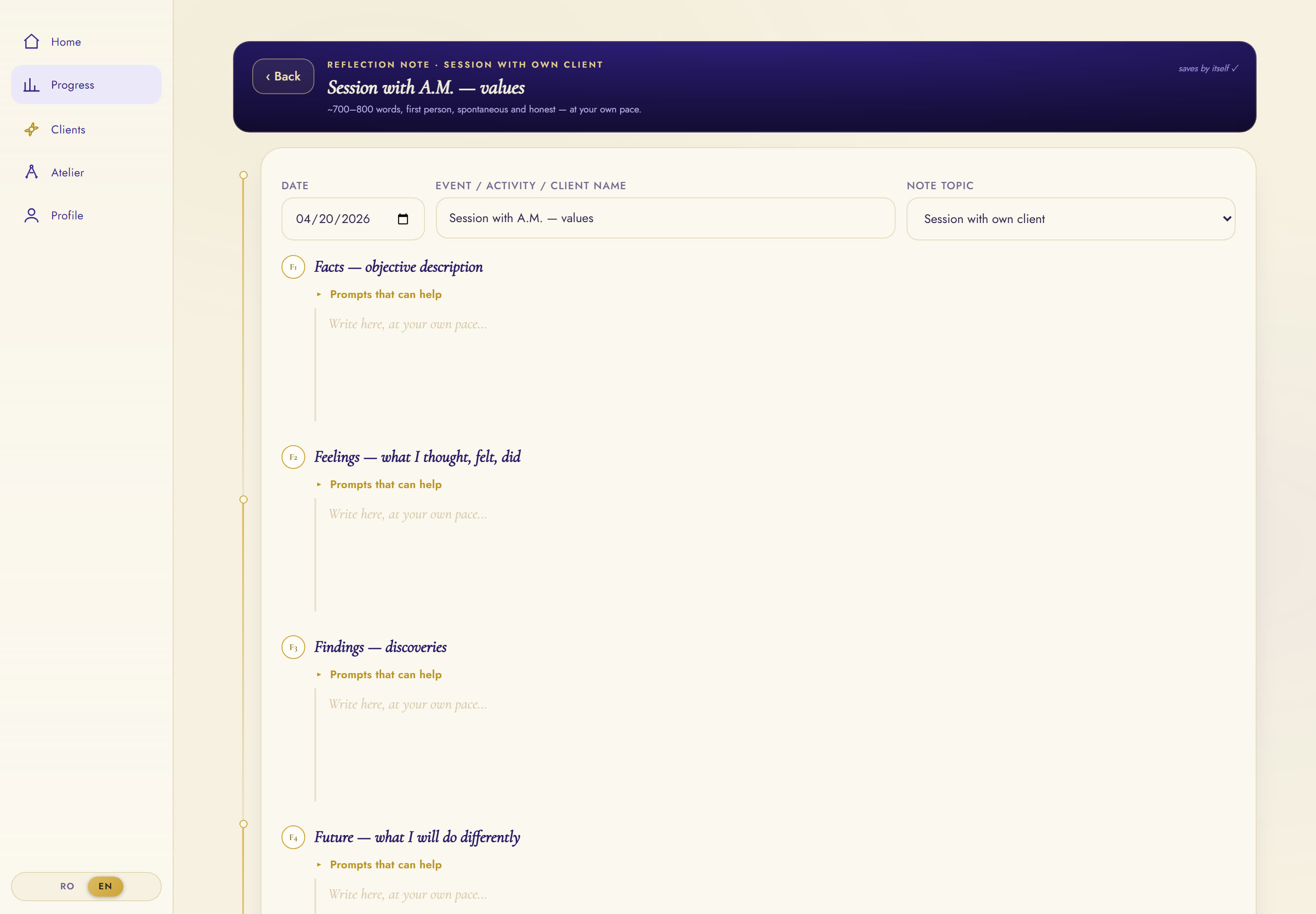 The reflection room on desktop: date, event and topic fields, then Facts, Feelings, Findings and Future chapters strung on a single golden thread.